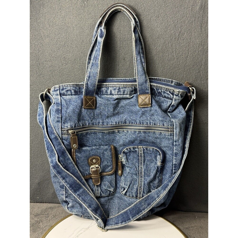 Vintage Blue Denim Multi Pocket Tote Bag Medium Wash Zip Shoulder Bag
